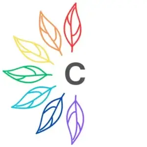 Rainbow leaves surrounding a dark grey coloured capital letter C, on a light grey background.