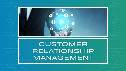 An image by Denxi of a promotional banner for Customer Relationship Management (CRM) featuring two sections: the top shows a business person's silhouette holding a glowing blue sphere surrounded by connected human icons in a network pattern, and the bottom displays 'CUSTOMER RELATIONSHIP MANAGEMENT' in white text against a blue-green gradient background with geometric patterns.