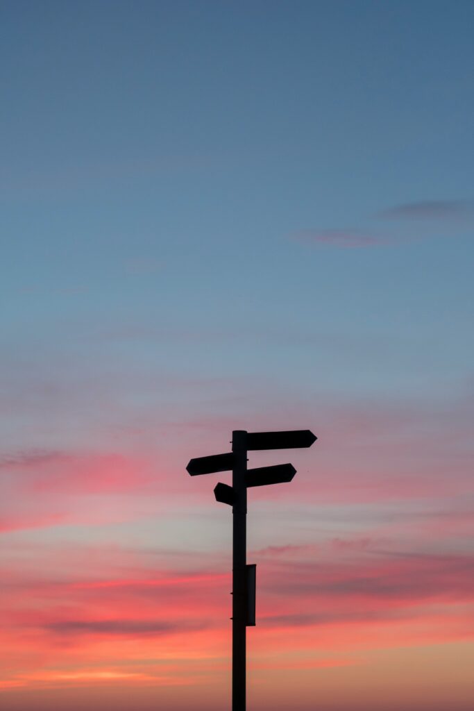 A photo by Javier Allegue Barros of a silhouette of a directional signpost with multiple arrows against a sunset sky. The sky transitions from deep blue at the top to vibrant pink and orange hues near the horizon, creating a dramatic backdrop for the black signpost.