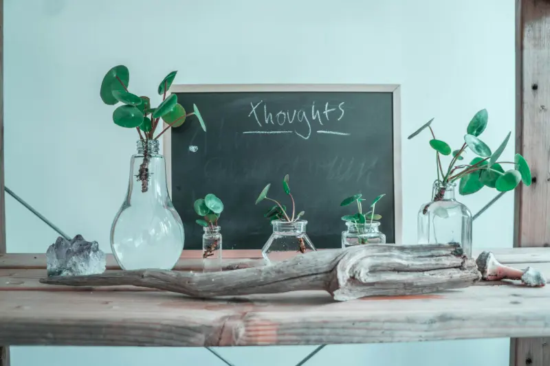Black chalkboard with the word "Thoughts" in white.